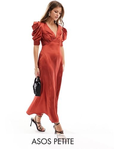ASOS Asos Design Petite Satin V Neck Midi Tea Dress With Puff Sleeves - Red