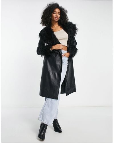 Vila Faux Fur Trim Leather Look Coat With Belt - White