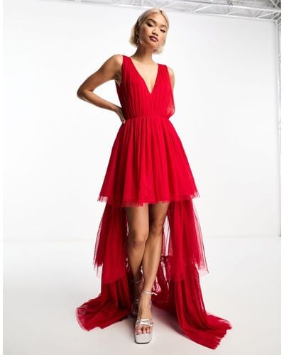 LACE & BEADS Tulle High Low Plunge Maxi Dress With Tie Skirt - Red