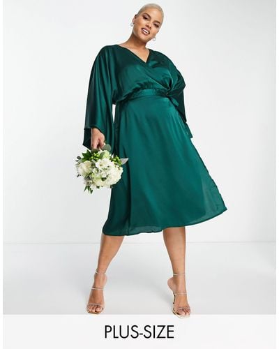 Tfnc Plus Bridesmaid Kimono Sleeve Satin Wrap Midi Dress - Green