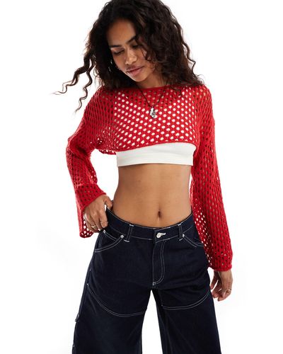 Monki Open Crochet Knitted Bolero Super Crop Top - Red