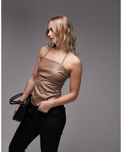 TOPSHOP Halter Ruched Leather Look Top - Gray