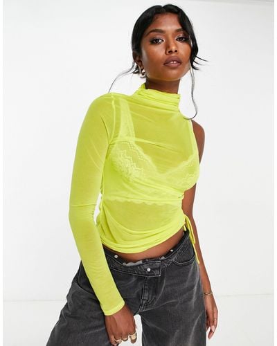 TOPSHOP Mesh High Neck One Shouldered Ruched Side Long Sleeve Top - Yellow