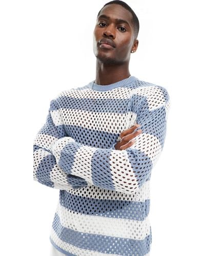 Bershka Crochet Stripe Knitted Long Sleeve Jumper - Blue