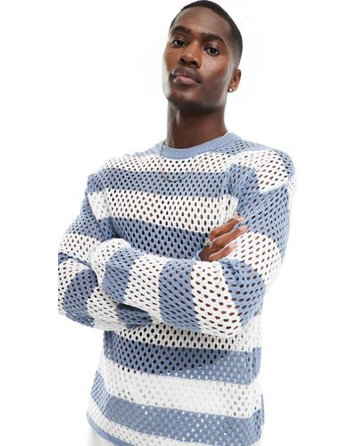 Bershka Crochet Stripe Knitted Long Sleeve Sweater - Blue