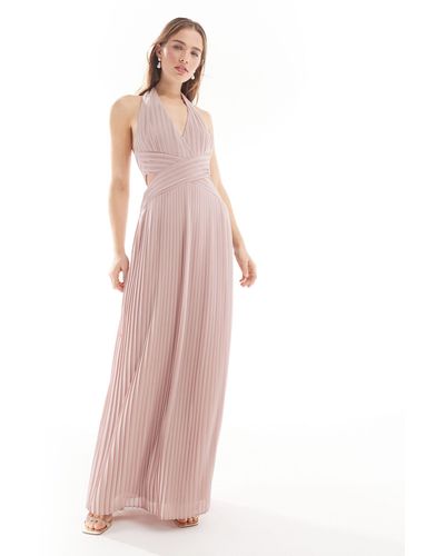 TFNC London Bridesmaid Chiffon Halter Neck Pleated Maxi Dress - Pink