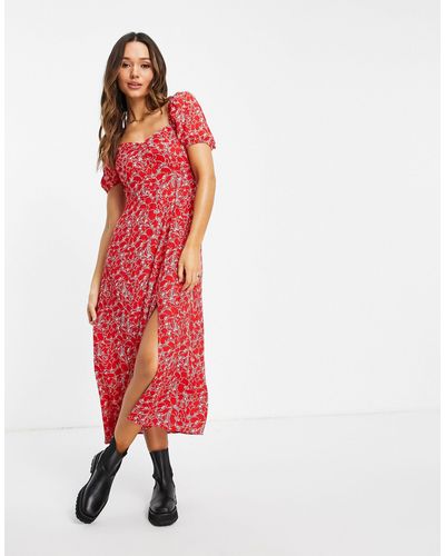 & Other Stories Ruched Front Floral Print Midi Dress - Red