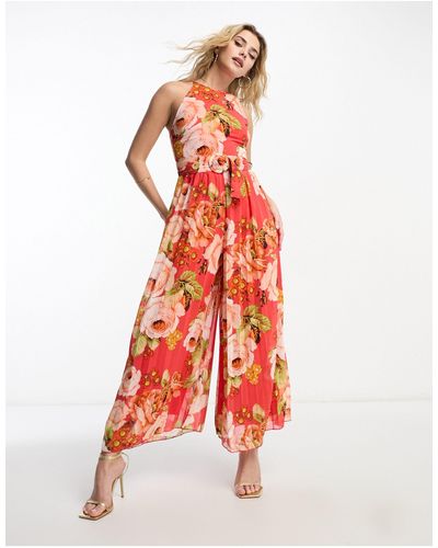 ASOS Mono largo rojo plisado con estampado floral y cinturón - Blanco