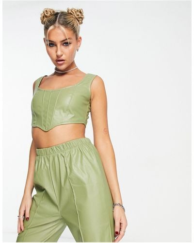 Rebellious Fashion Leather Look Corset Top Co-ord - Green