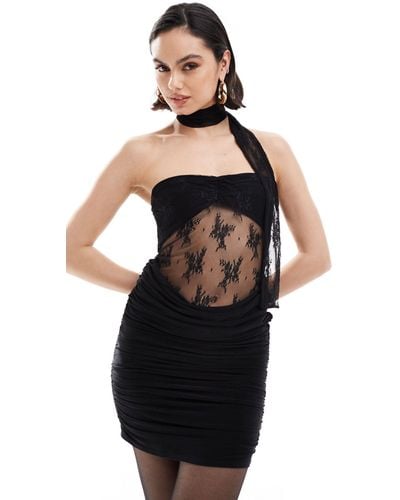 ASOS Bandeau Mini Dress With Sheer Lace Top And Necktie - Black