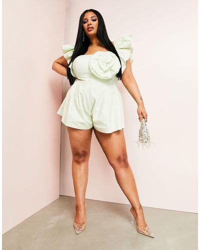 ASOS Curve Poplin Romper With Corsage And Ruffle Sleeves - Multicolour