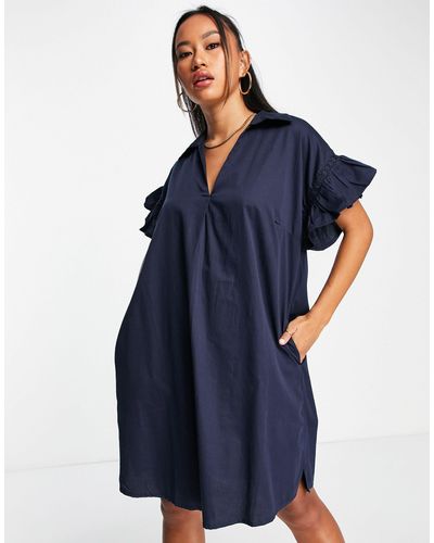 French Connection Mini Shirt Dress With Flutter Sleeve - Blue