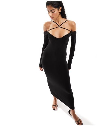 ASOS Long Sleeve Bardot Midi Dress With Twist Bust And Cross Straps - Black