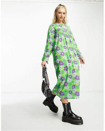 Native Youth Cloud Cut-out Midaxi Smock Dress - Green