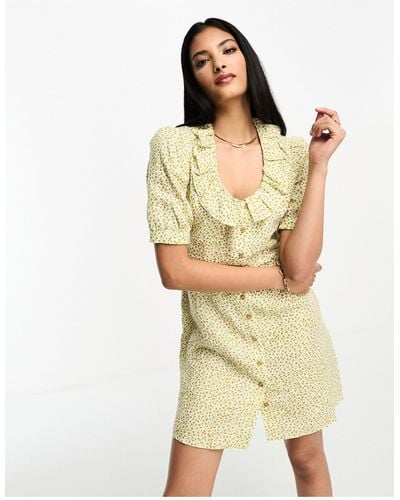 Whistles Frill Detail Floral Print Linen Dress - Yellow