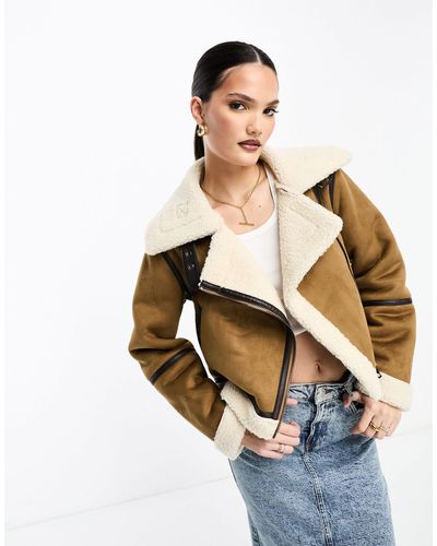 Stradivarius Cropped Aviator Jacket With Contrast Piping - Blue