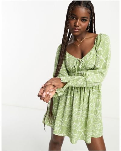 In The Style X Jac Jossa Milkmaid Shirred Cuff Mini Dress - Green
