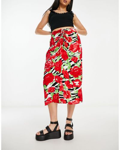 Miss Selfridge Ruched Front Midi Skirt - Red