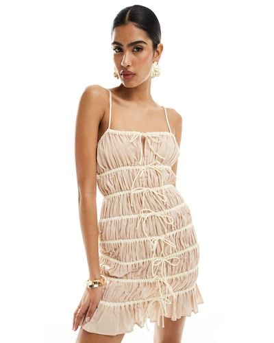 ASOS Tiered Mini Dress With Contrast Tie Straps - Natural