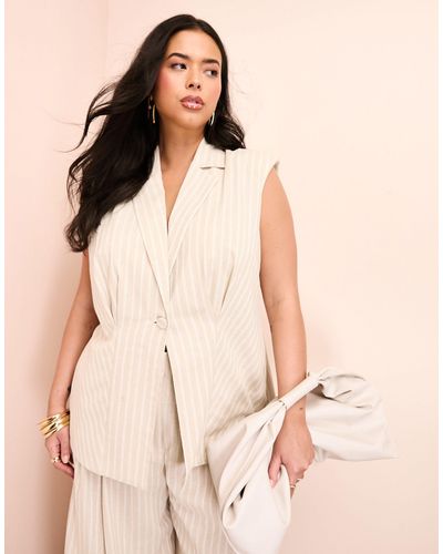 ASOS Curve Linen Look Long Line Sleeveless Tailored Blazer With Bow Back - Natural