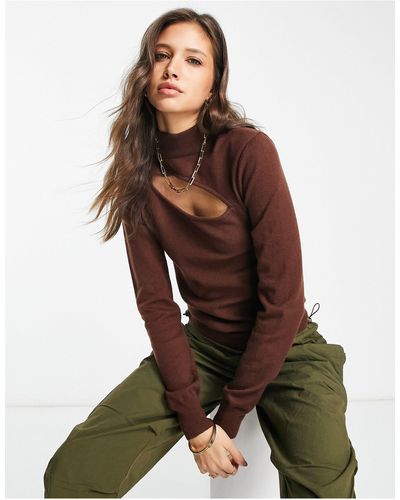 Vila Long Sleeve Top With Cut Out - Brown