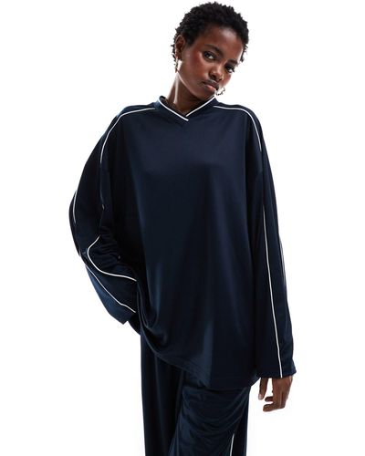 Weekday Co-ord Shiny Jersey Oversized V-neck Sweatshirt - Blue