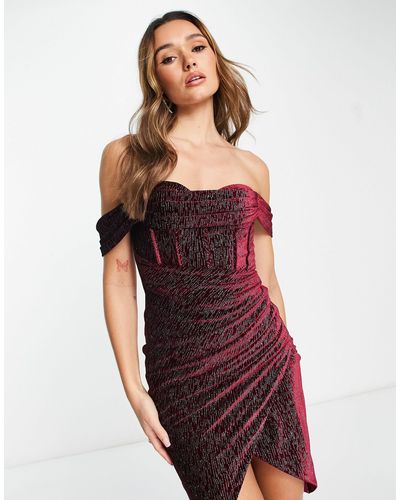 Lavish Alice Glitter Velvet Off Shoulder Midi Dress - Red