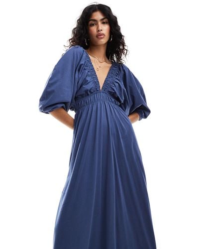 ASOS Plunge Elastic Tea Midi Dress With Ruched Waist - Blue