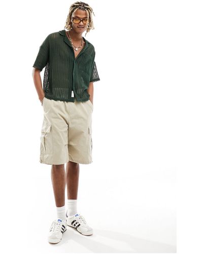 Native Youth Mesh Knit Button Through Short Sleeve Shirt - Green