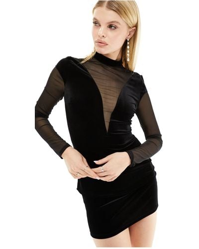 Bershka Mesh And Velvet Cut Out Mini Dress - Black