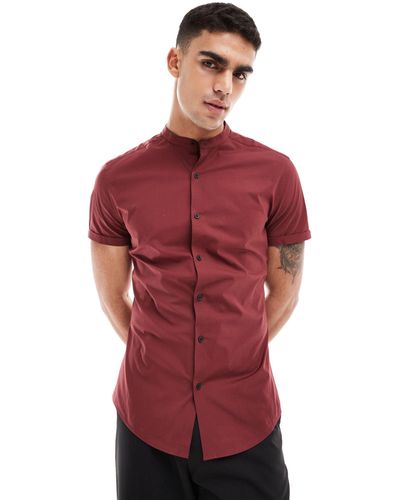 ASOS Skinny Fit Grandad Collar Shirt With Roll Sleeves - Red