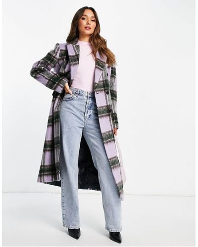 TOPSHOP Check Double Breasted Long Coat - White