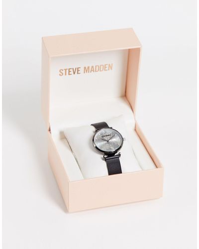 Steve Madden Horloge Met Slangenprint Op Wijzerplaat En Mesh Bandje - Zwart