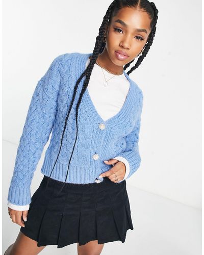 Pimkie Cable Knit Crystal Button Cardigan - Blue