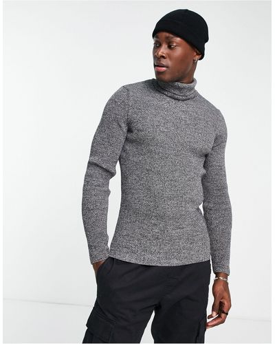 New Look Ribbed Muscle Fit Roll Neck Sweater - Gray