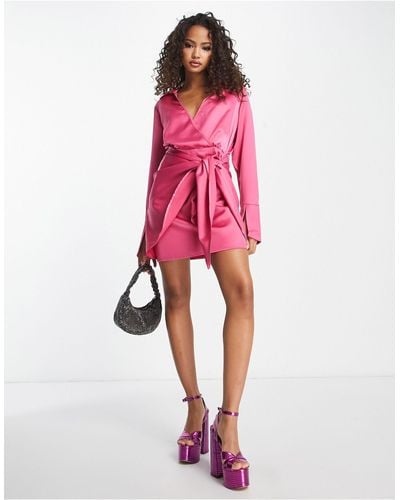 In The Style Satin Wrap Front Shirt Dress - Pink