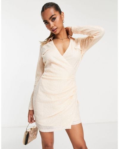 In The Style Exclusive Sequin Plunge Front Collar Detail Mini Wrap Dress - Natural