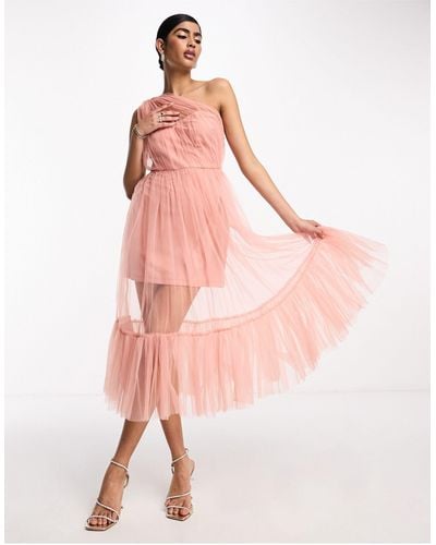 LACE & BEADS Bridesmaid Sheer One Shoulder Tulle Midi Dress - Pink