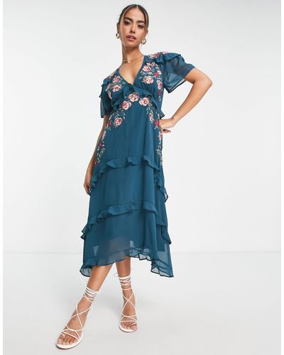 Hope & Ivy Geborduurde Midi-jurk Met Ruches - Blauw