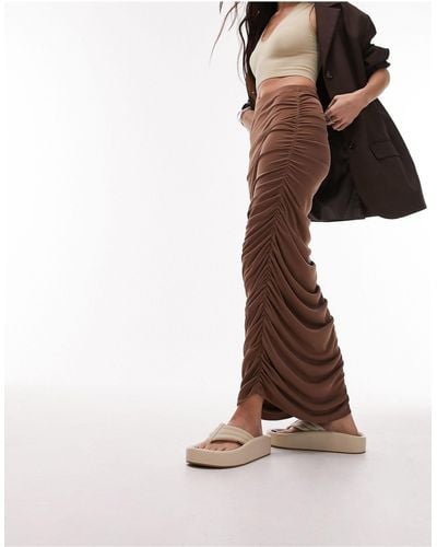 TOPSHOP Cupro Ruched Maxi Skirt - Brown