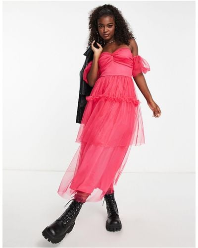 Miss Selfridge Ruffle Mesh Midi Dress - Pink