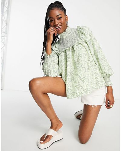 Glamorous High Neck Smock Blouse - Green