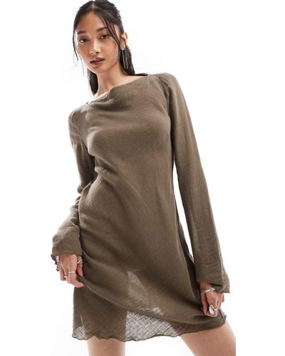 Weekday Ginko Linen Blend Long Sleeve Mini Dress - Brown