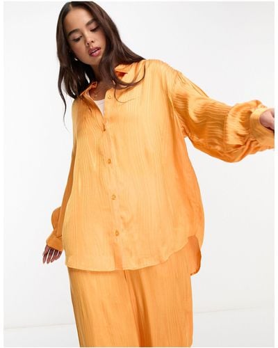 Monki Jacquard Satin Long Sleeve Blouse With Volume Sleeves - Orange