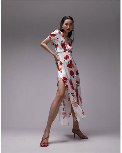 TOPSHOP Maxi-jurk Met V-hals, Fladdermouwen En Klaprozen-print - Meerkleurig