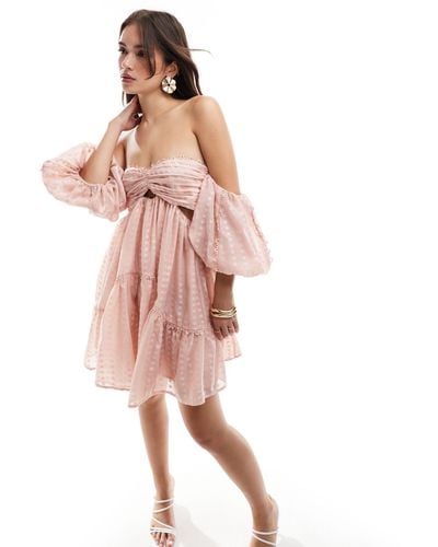 ASOS Bardot Puff Sleeve Cut Out Textured Mini Dress - Pink