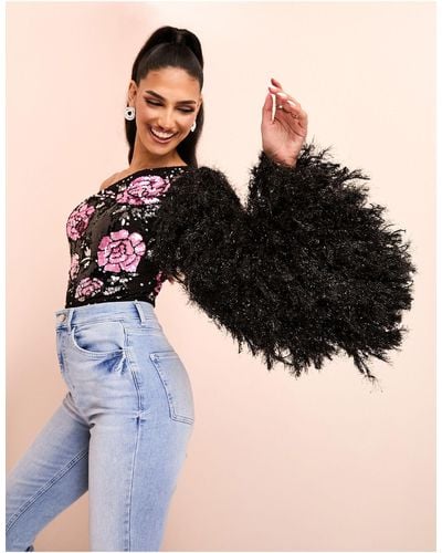 ASOS One Shoulder Asymmetric Embellished Bodysuit With Faux Feather Sleeve - Black