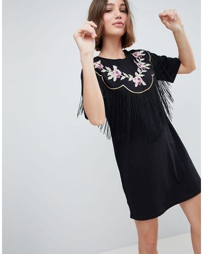 ASOS Embroidered Yoke Western T-shirt Dress With Fringing - Black