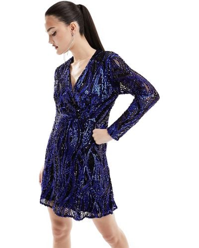 French Connection Wrap Front Embellished Mini Dress - Blue