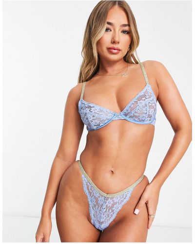 ASOS Melina Lace V-front Thong With Sparkle Elastic - Blue